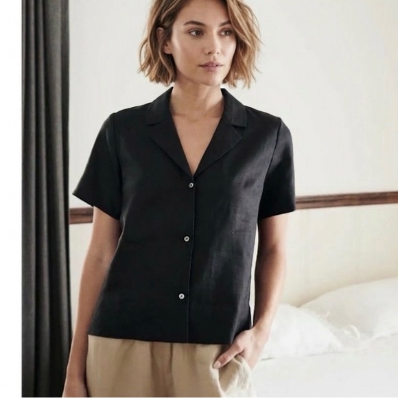 Quince Tops - Quince -NWT women’s 100% linen short sleeve button down shirt black blouse top S